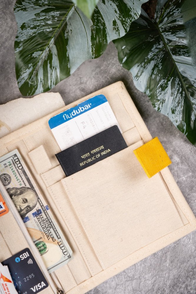 Compact Juco ( jute + cotton )Travel Wallet with Magnet Button Closure - Ideal for Organizing ATM Cards, Cash, Passport, Pen, and More